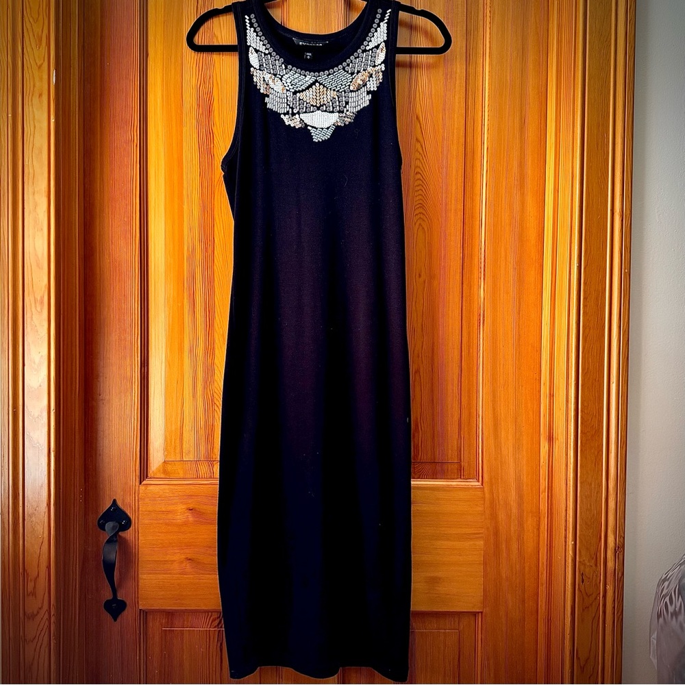 Express Black Sleeveless Midi Bodycon Dress with Silver Embellishment at neck